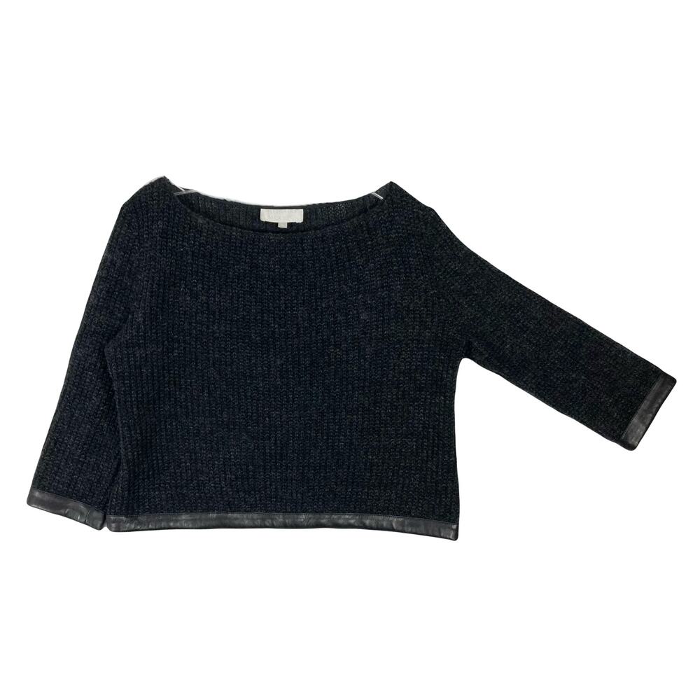 BADGLEY MISCHKA Sweater 14 Grey Wool Knit Cropped 3/4 Sleeve Leather Trim